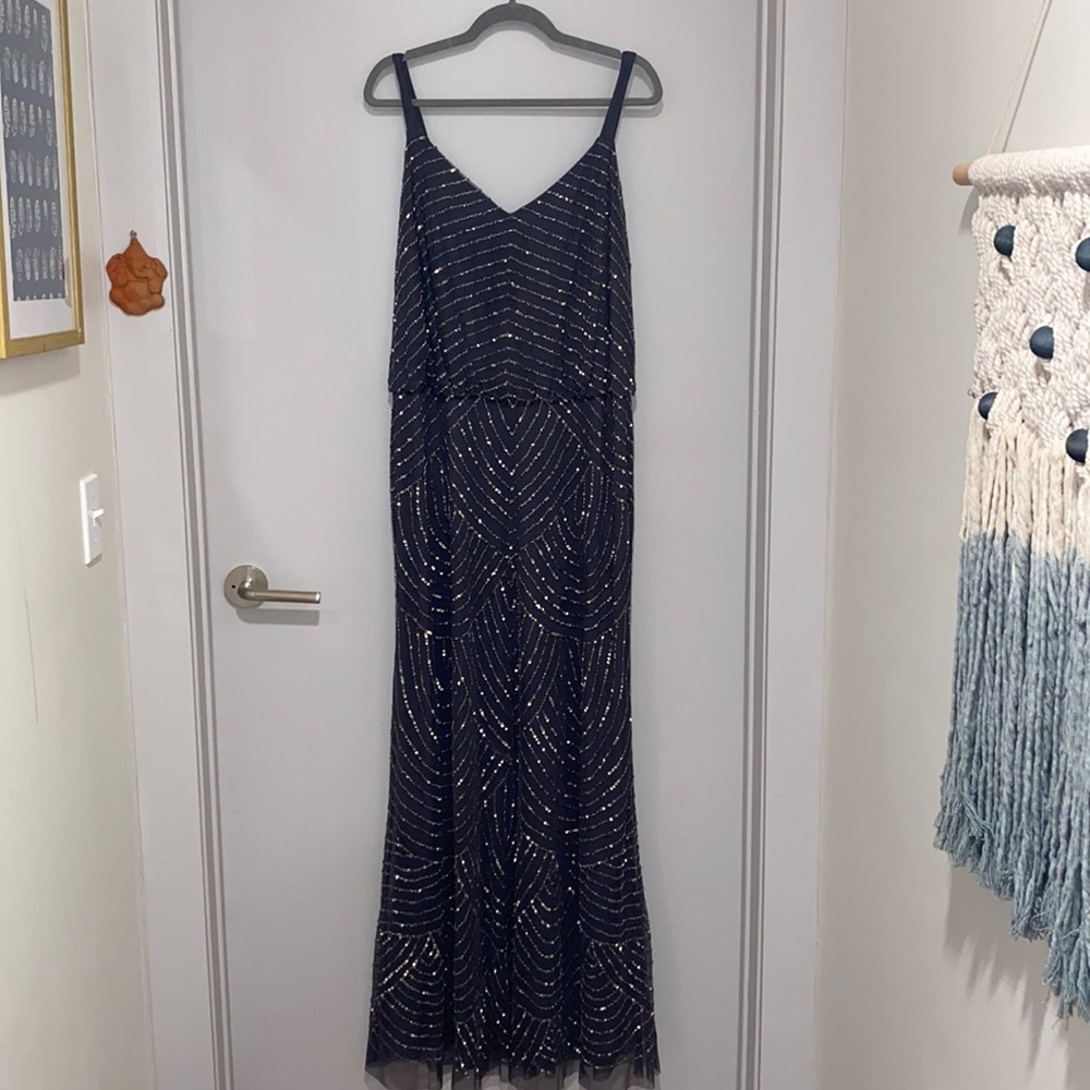 Adrianna Papell Art Deco Beaded Blouson Gown in Gunmetal